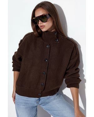Geripptes Halbhochkragen-Button-Cardigan