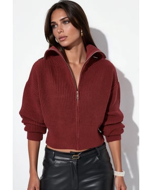 Damen Cropped Gerippter Reißverschluss Cardigan