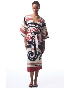 Penti Baumwoll-geometrischer Maxi-Kimono mit Gürtel - Mehrfarbig