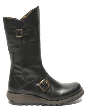 Fly London Damen MES 2 Plateaustiefel mit Keilabsatz, Schnalle, halbhohem Schaft, Reißverschluss, Schwarz