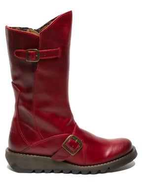 Fly London Damen MES 2 Plateaustiefel mit Keilabsatz, Schnalle, halbhohem Schaft, Reißverschluss, Rot