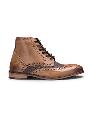 Klassische Herren-Stiefeletten im Brogue-Stil aus braunem Oxford-Leder im Gatsby-Stil mit Tweed