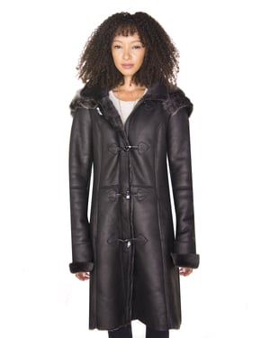 Schwarzer Damen-Dufflecoat aus Schaffell mit Kapuze – Ottawa