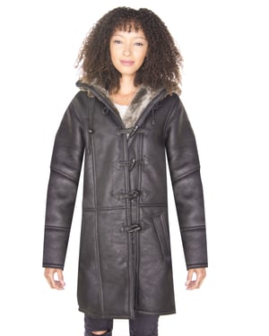Damen Dufflecoat aus schwarzem Lammfell mit Kapuze-Lille
