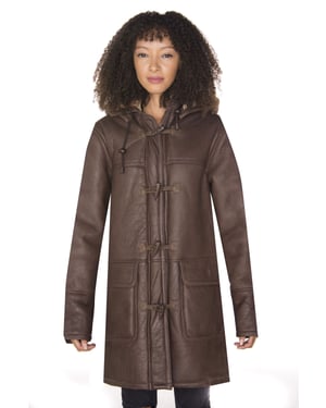 Brauner Damen-Dufflecoat aus Schafsleder mit Kapuze – Charlotte