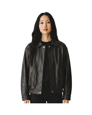 Damen Schwarze Leder-Biker Blouson Bomber Oversize-Jacke – Sibiu