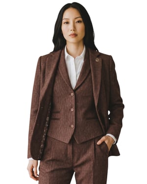 Damen-Rostbraune Fischgrät-Woll-Tweed-Blazer-Weste 2-teiliges Set – WS-1