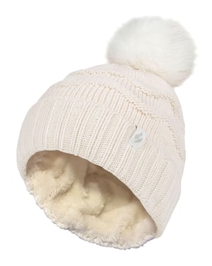 Damen Winter Pelz Beanie Mütze | Wärmehalter | Zickzack gemusterte Pom Pom Hut | Womens Thermal Cuff Bobble Hat - Creme