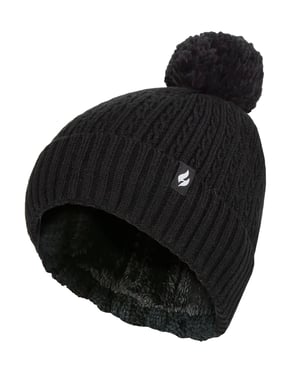 Damen-Thermokabel-Beanie-Mütze | Wärmehalter | Gestrickte Wintermütze mit Bommel | Weiche gerippte Bommelmütze in Schwarz