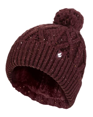 Damen Pom Pom Bommelmütze | Wärmehalter | Modische Chunky Warm Cable Knit Beanie mit Heatweaver Fleece Innenfutter | Salzburg Style - Wein