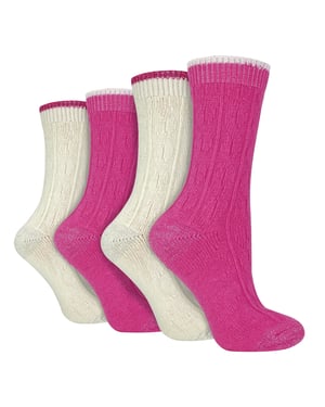 4er Pack Damen Kabelstrick Socken | Wildfeet | Lurex Glitzer Socken für Frauen - Creme/Rosa