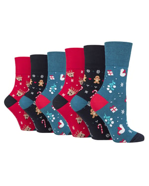 Gentle Grip - 6 Paar Damen Neuheit Weihnachten Socken - blau / rot / grau