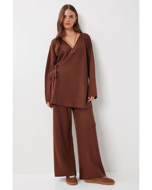 Oversized V-Ausschnitt Strickwaren Zweiteiliges Set mit Bindung