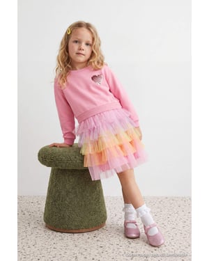 TRENDYOLKIDS Mädchen Rosa Mit Grafikprint Midi Lang A-Linie Kleider