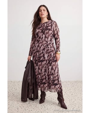 Trendyol Curve Damen Braun Mit Grafikprint Maxi Lang A-Linie Große Größen Kleid