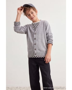 TRENDYOLKIDS Jungen Grau Einfarbig 3/4-Ärmel Regular Fit Cardigans