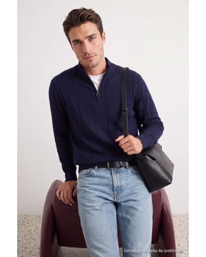 TRENDYOL MAN Herren Dunkelblau Gestreift Lang, Regular Fit Pullover