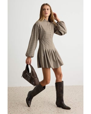 TRENDYOLMİLLA Damen Braun Kariert Kurz / Mini Lang A-Linie Kleider
