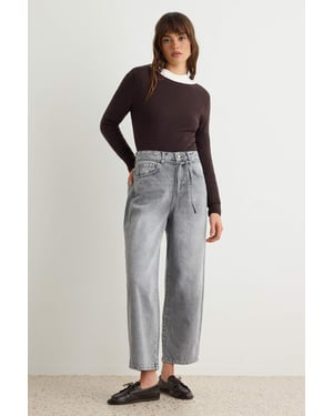 TRENDYOLMİLLA Damen Grau Einfarbig Barrel-Leg Hohe Taille Jeans