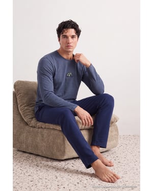 TRENDYOL MAN Herren Dunkelblau Mit Slogan Lang, Regular Fit Pyjama- Sets