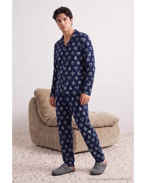Trendyol Weihnachtliches Pyjama-Set für Herren, lang, Regular Fit - Marineblau/Blau