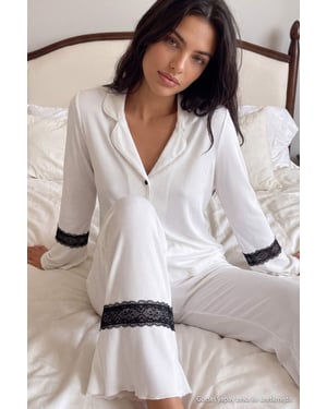 TRENDYOLMİLLA Damen 2er Pack Weiß Einfarbig Lang Loungewear Regular Fit Pyjama- Sets