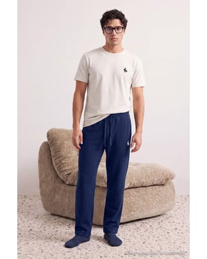 TRENDYOL MAN Herren Ecru Mit Slogan Lang, Regular Fit Pyjama- Sets