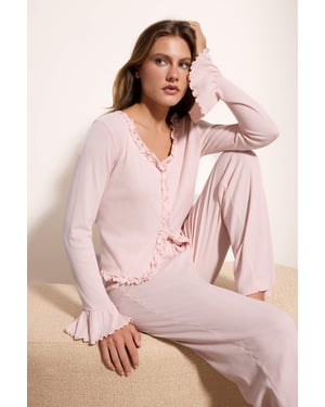 Trendyol Loungewear-Pyjama-Set, lang, regular fit - Rosé