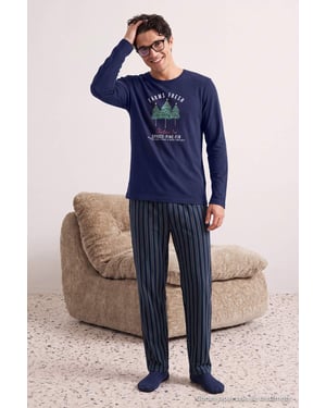 TRENDYOL MAN Herren Dunkelblau Weihnachts- Lang, Regular Fit Pyjama- Sets