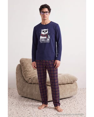 TRENDYOL MAN Herren Dunkelblau Kariert Lang, Regular Fit Pyjama- Sets