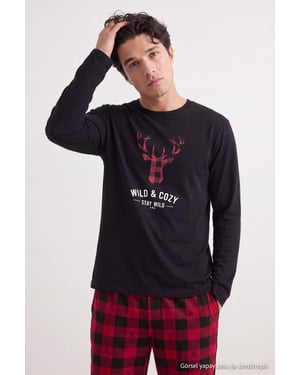 TRENDYOL MAN Herren Schwarz Kariert Lang, Regular Fit Pyjama- Sets