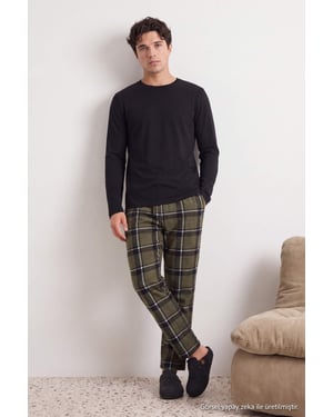 Trendyol Herren-Pyjama-Set, kariert, lang, regular fit - Schwarz