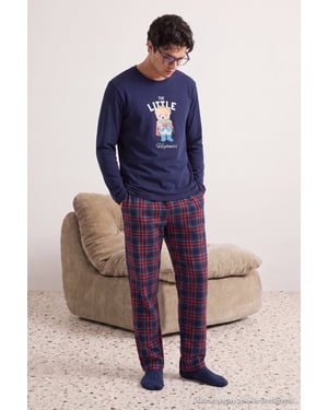 TRENDYOL MAN Herren Dunkelblau Kariert Lang, Regular Fit Pyjama- Sets