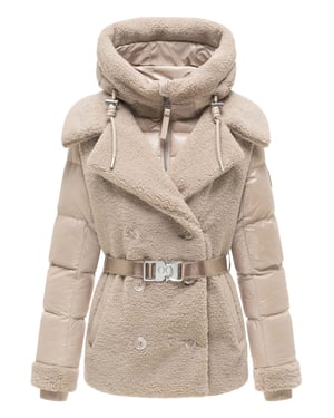 Navahoo Kuschelige Teddy-Steppjacke für Damen mit abnehmbarer Kapuze und Gürtel - Beige