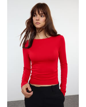 TRENDYOLMİLLA Damen Rot Einfarbig Lang Tailliert Blusen