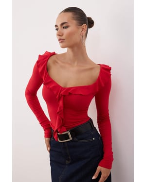 TRENDYOLMİLLA Damen Rot Einfarbig Lang Tailliert Blusen