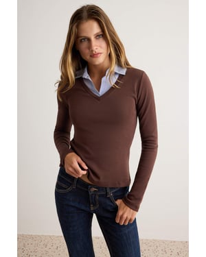 TRENDYOLMİLLA Damen Braun Colour-Block Lang Tailliert Blusen