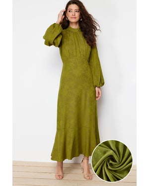 Trendyol Modest Damen Khaki Geblümt Maxi Lang Casual Skater Modest Kleider