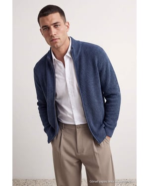 TRENDYOL MAN Herren Blau Einfarbig Lang Regular Fit Cardigans