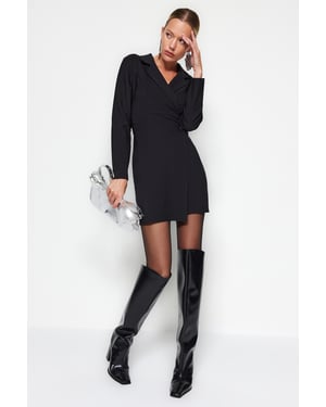 TRENDYOLMİLLA Damen Schwarz Einfarbig Kurz / Mini Lang Business Zweireihig Kleider