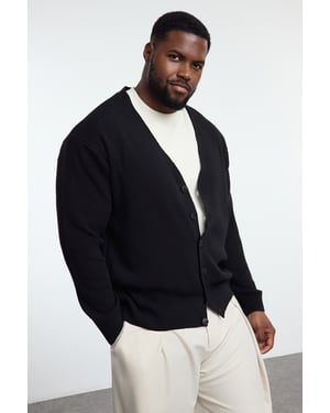 Trendyol Herren-Cardigan, lang, regular fit, unifarben, große Größen - Schwarz