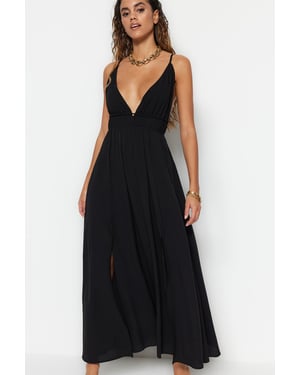 TRENDYOLMİLLA Damen Schwarz Einfarbig Maxi Ärmellos Strandmode A-Linie Strandkleider