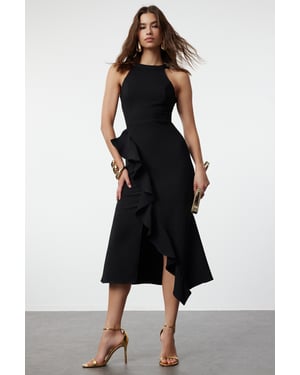 Trendyol Einfarbiges Midi-Kleid ärmellos, asymmetrisch, elegant - Schwarz