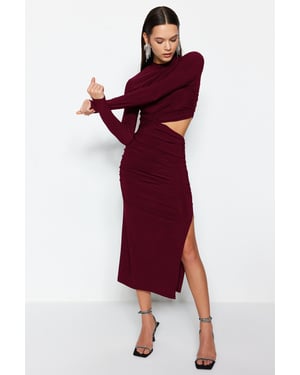 TRENDYOLMİLLA Damen Bordeaux Einfarbig Midi Lang Elegant/Abend Gerade Kleider