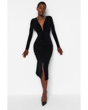 TRENDYOLMİLLA Damen Schwarz Einfarbig Midi Lang Abend / Alltag Bodycon Kleider