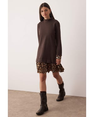 TRENDYOLMİLLA Damen Braun Gepunktet Kurz / Mini Lang Casual Gerade Kleider