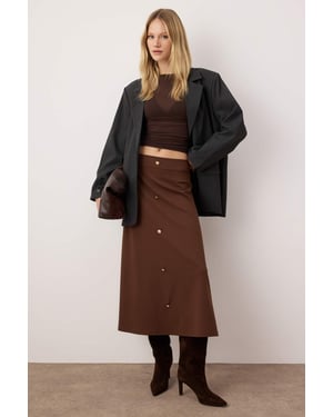 TRENDYOLMİLLA Damen Braun Einfarbig Midi Taille Elastisch Skater Röcke