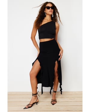 TRENDYOLMİLLA Damen Schwarz Einfarbig Midi Volantsaum Bleistift Rock Röcke