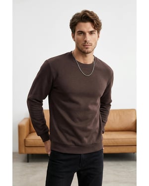 TRENDYOL MAN Herren Braun Einfarbig Lang Regular Fit Sweatshirts