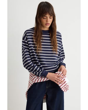TRENDYOLMİLLA Damen Dunkelblau Gestreift Lang Oversize Sweatshirts